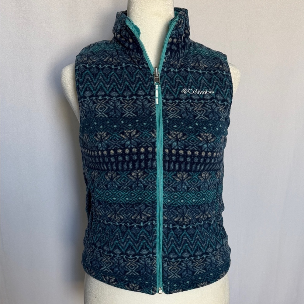 Columbia Reversible Teal and Navy Patterned Puffer Vest Size S Full Zip Pockets